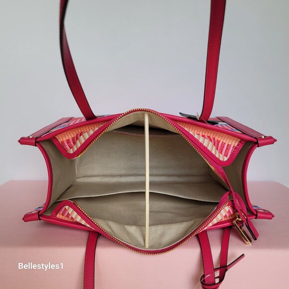 KATE SPADE Market Striped Woven Straw Medium Tote Bag-Wild Raspberry Multi⭐ - Picture 14 of 16